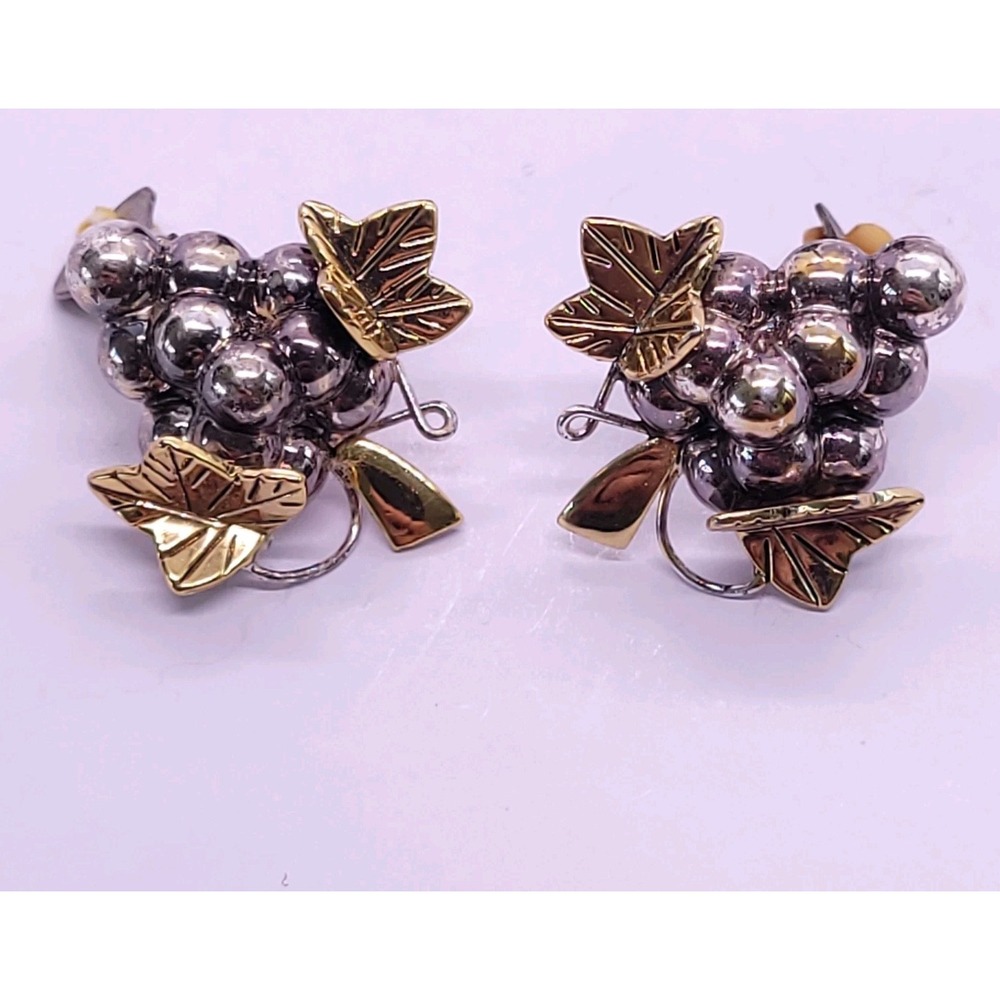 BEST Two Tone Grape Cluster Leaf Statement Earrings Gold Silver Tone